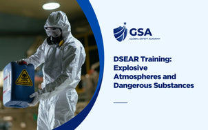 DSEAR training banner showing a worker handling hazardous substances with protective equipment for explosive atmosphere safety.