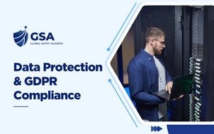 Global Safety Academy Data Protection & GDPR Compliance training banner showing an IT professional using a laptop to inspect server rack infrastructure