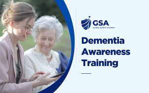 Dementia Awareness Training course banner by Global Safety Academy featuring a caregiver assisting an elderly woman with a smartphone