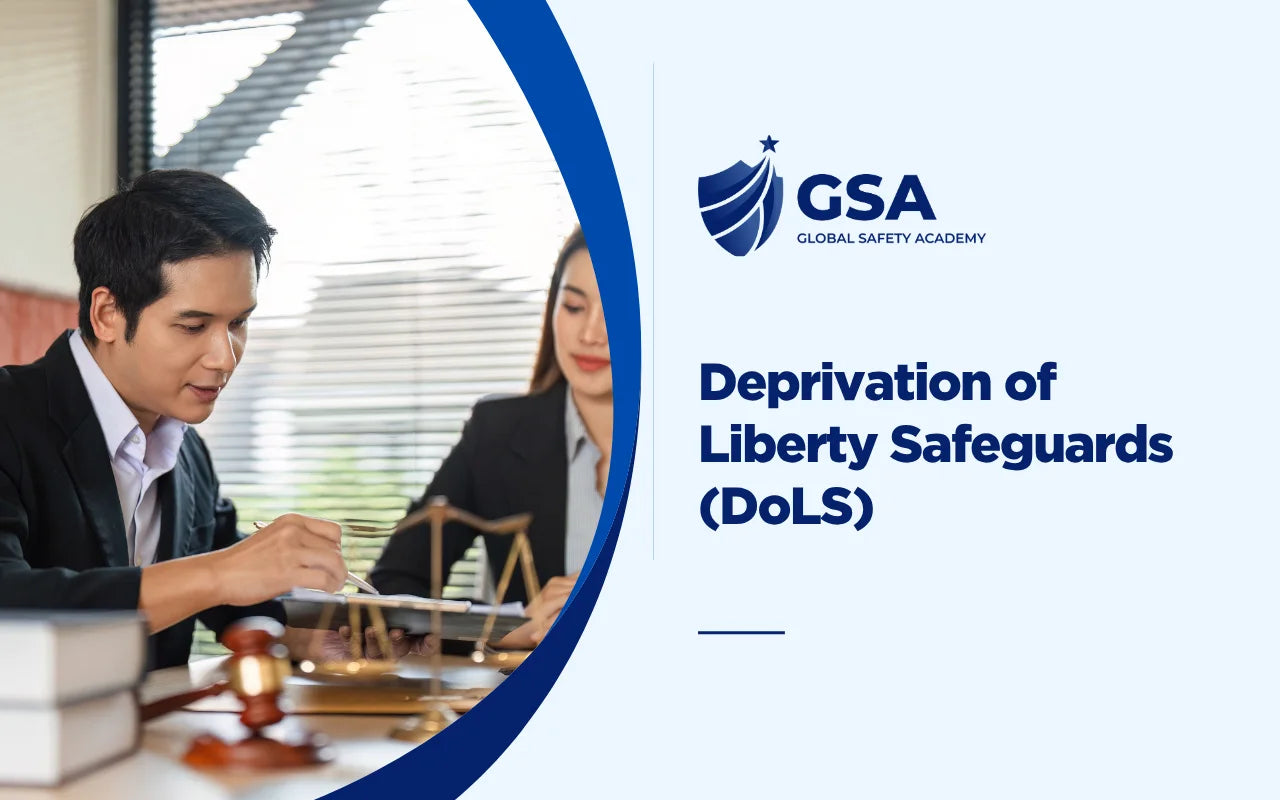 Deprivation of Liberty Safeguards DoLS course banner featuring legal professionals examining documents next to a scales of justice.