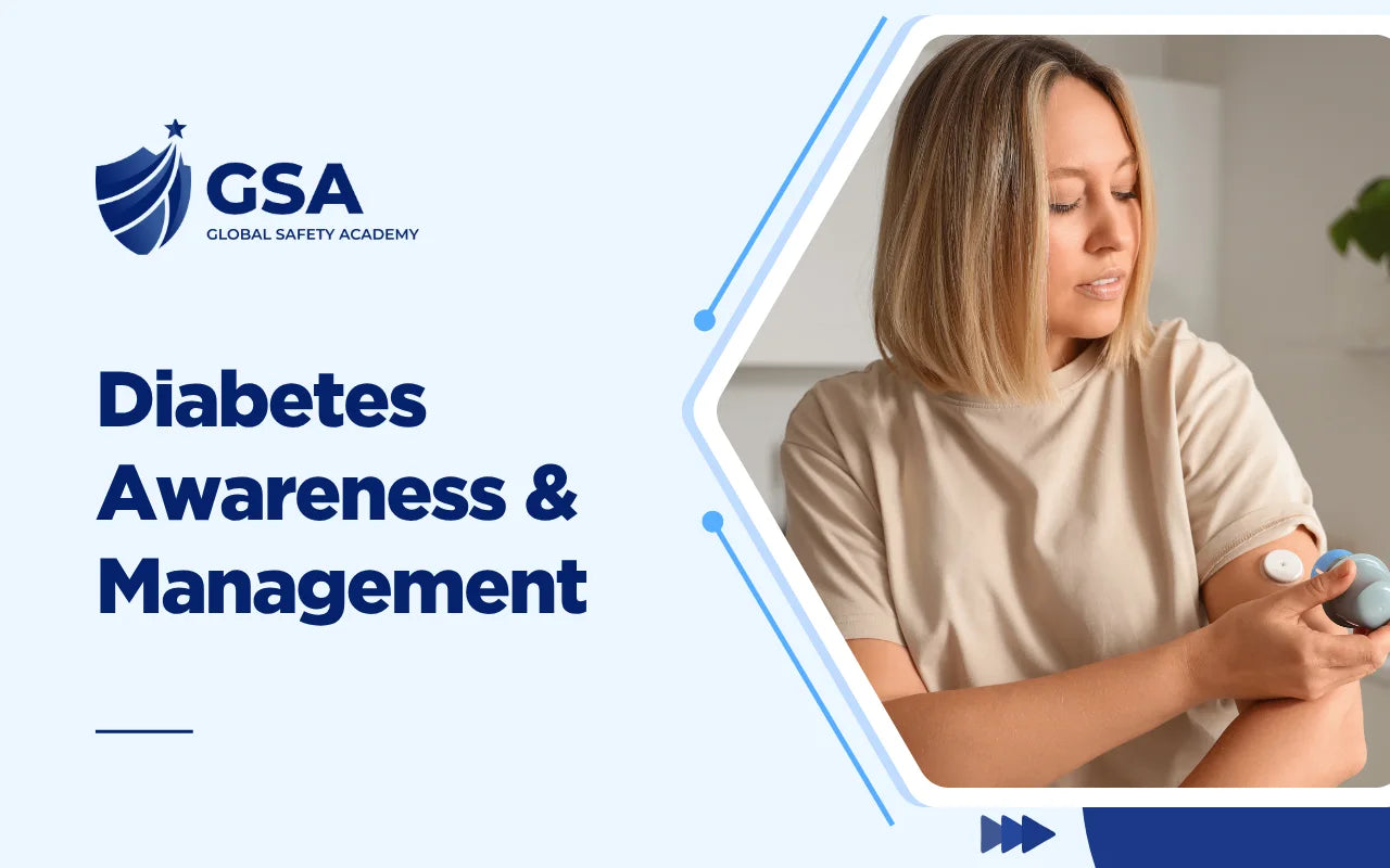 Diabetes Awareness & Management banner featuring a woman applying a glucose monitor sensor to her arm.