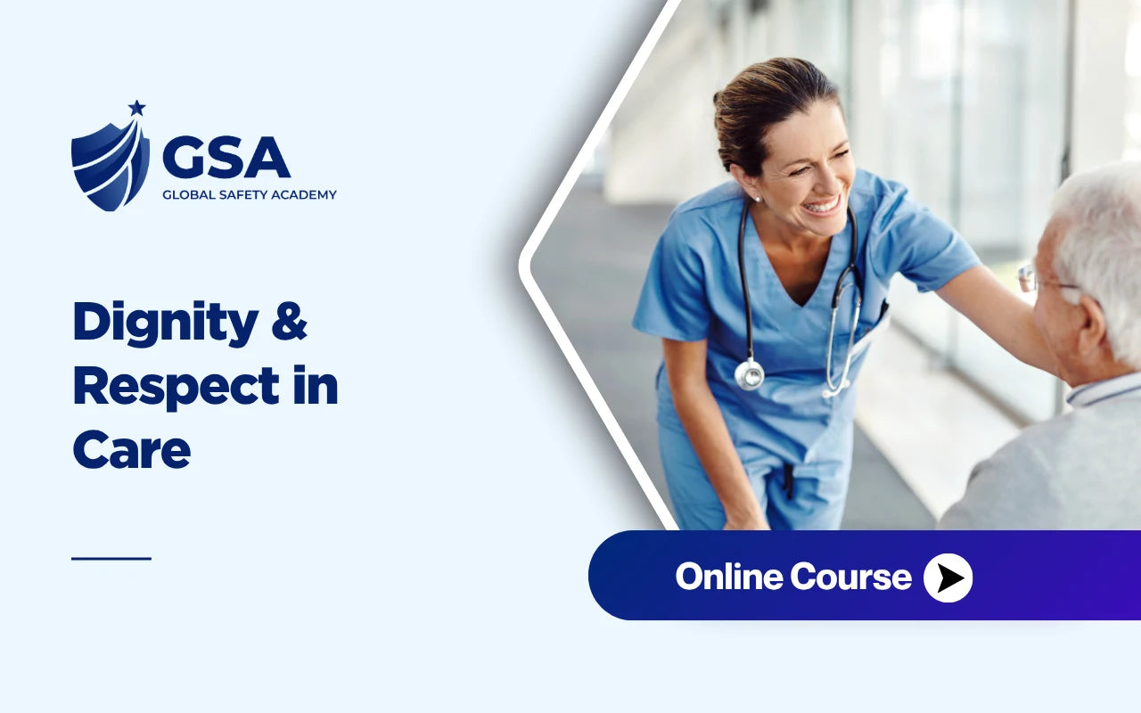Dignity & Respect in Care course banner depicting a nurse placing a supportive hand on a senior patient.