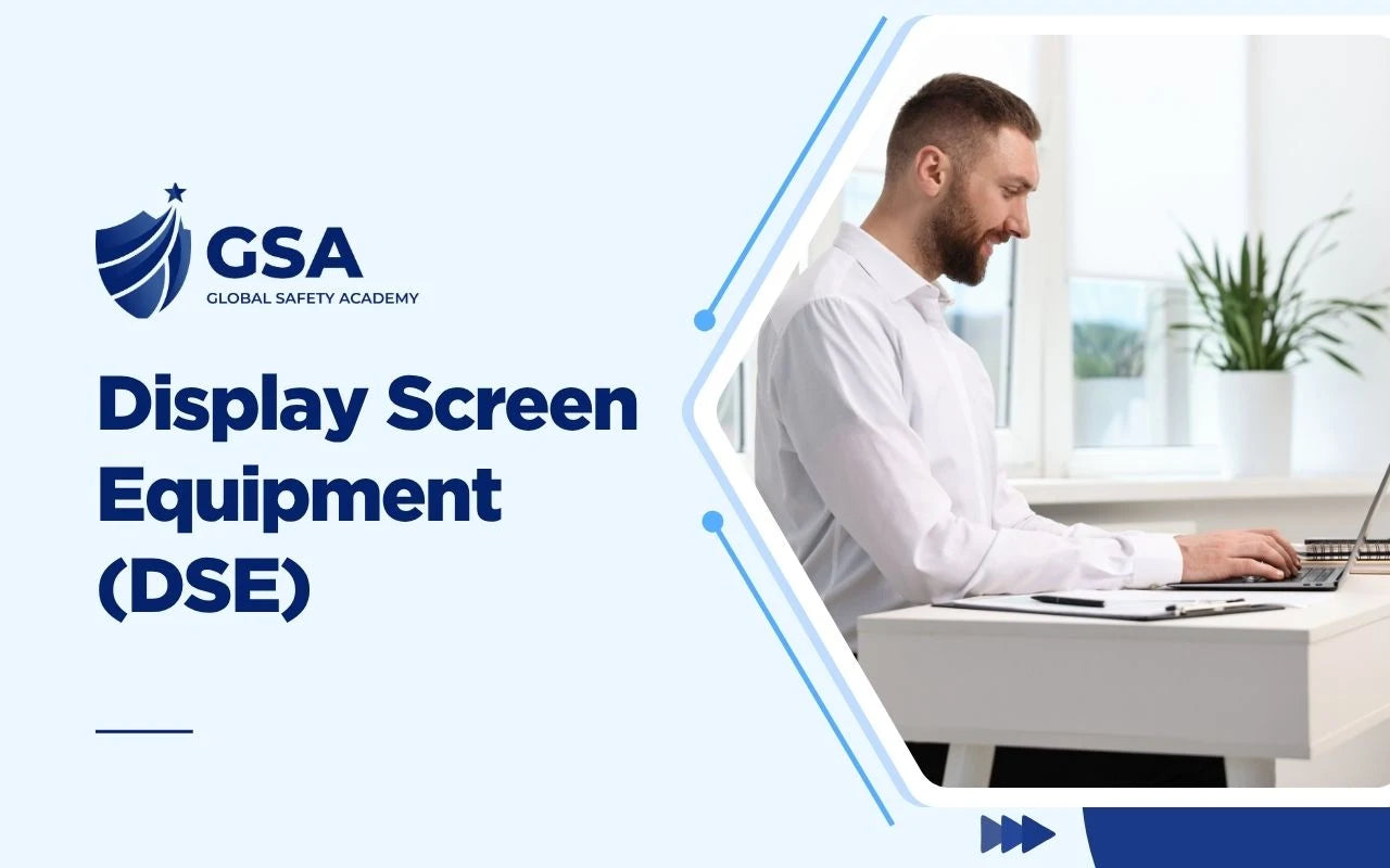 Display Screen Equipment DSE Training course banner by Global Safety Academy featuring a man working at an ergonomic desk setup
