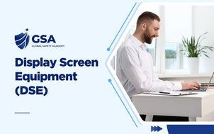 Display Screen Equipment DSE Training course banner by Global Safety Academy featuring a man working at an ergonomic desk setup