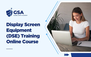 Display Screen Equipment (DSE) Training online course showing an office worker using a laptop, highlighting ergonomic workstation setup, screen safety, and workplace health practices.