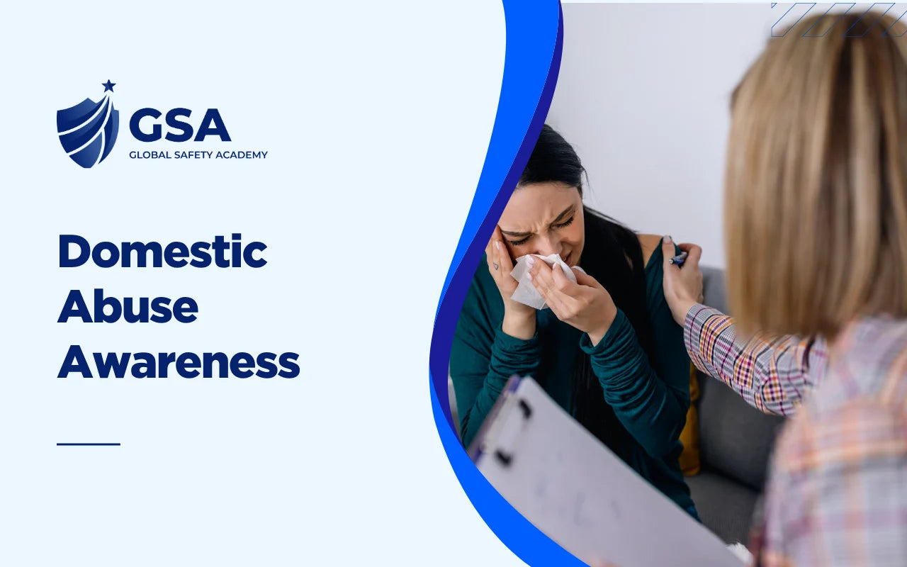 Domestic Abuse Awareness banner showing a counselor supporting a tearful woman during a therapy session.