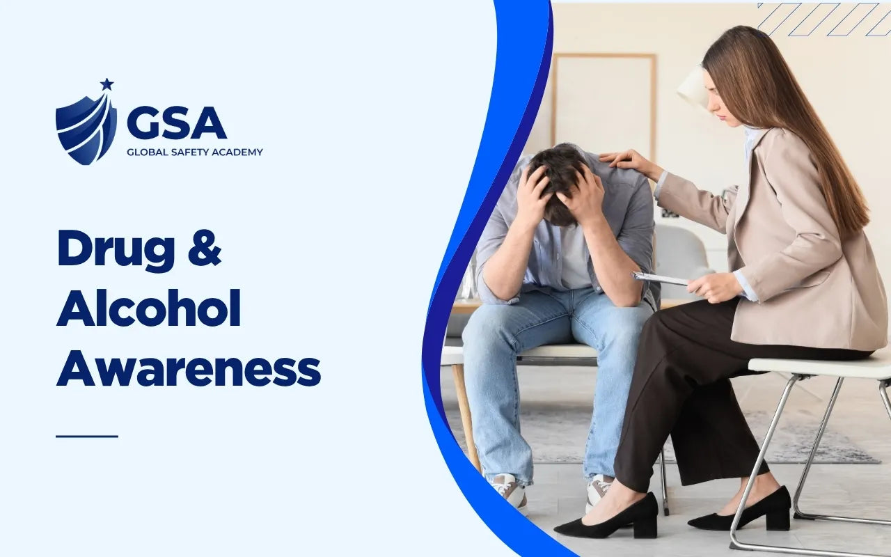Drug and Alcohol Awareness course banner by Global Safety Academy showing a counselor supporting a stressed man