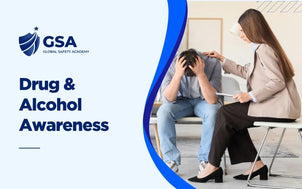 Drug and Alcohol Awareness course banner by Global Safety Academy showing a counselor supporting a stressed man