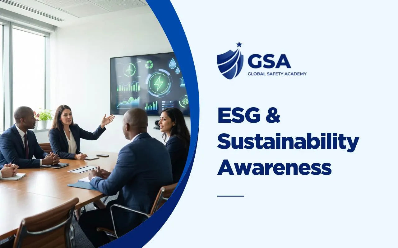 ESG and Sustainability Awareness training with a woman presenting sustainability graphics on a screen to colleagues in a corporate meeting room