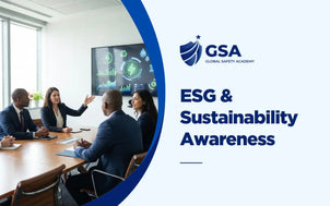 ESG and Sustainability Awareness training with a woman presenting sustainability graphics on a screen to colleagues in a corporate meeting room