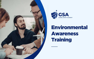 Environmental Awareness Training banner by Global Safety Academy featuring colleagues discussing renewable energy with a mini wind turbine model