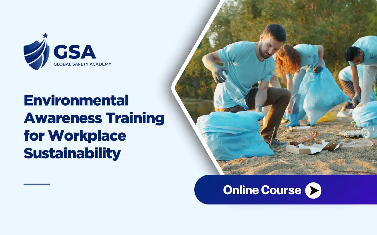 Environmental Awareness Training course banner showing a group collecting trash outdoors for workplace sustainability.