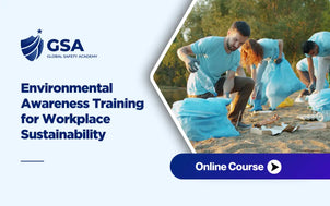 Environmental Awareness Training course banner showing a group collecting trash outdoors for workplace sustainability.