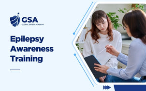 Course banner for Epilepsy Awareness Training by Global Safety Academy, featuring a female counselor or healthcare professional discussing clinical notes on a tablet with a young woman.