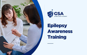 Course banner for Epilepsy Awareness Training by Global Safety Academy, featuring a female counselor or healthcare professional discussing clinical notes on a tablet with a young woman.
