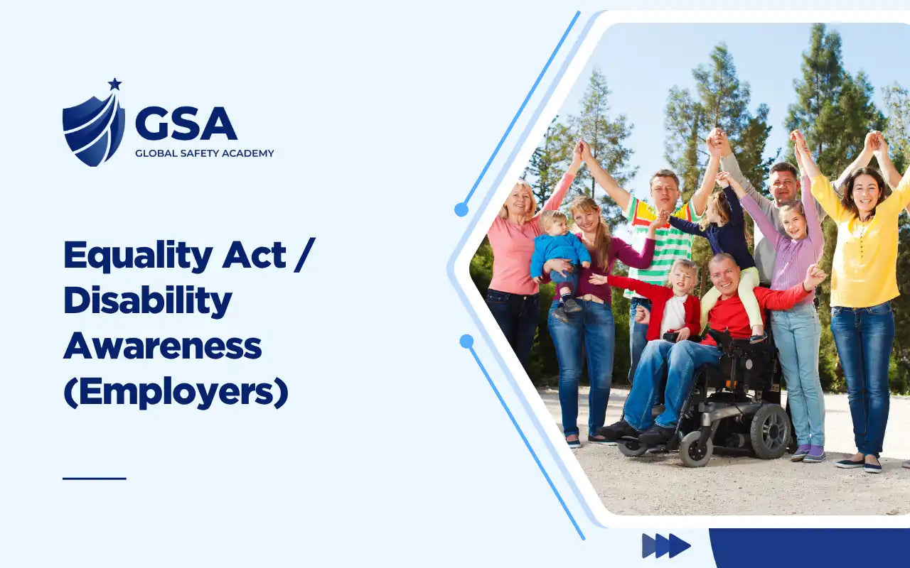 Equality Act and Disability Awareness banner featuring a diverse family including a wheelchair user outdoors.