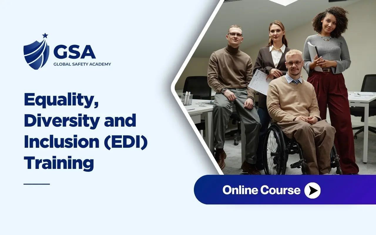 Equality Diversity and Inclusion EDI Training banner by Global Safety Academy featuring a diverse team in an office