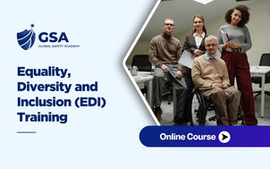 Equality Diversity and Inclusion EDI Training banner by Global Safety Academy featuring a diverse team in an office