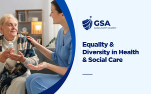 Equality & Diversity in Health & Social Care banner featuring a caregiver sitting next to a senior resident.