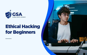 Ethical Hacking for Beginners training course featuring a young man wearing glasses typing on a keyboard in front of multiple computer monitors showing code in a tech environment