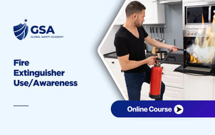 Fire Extinguisher Use/Awareness banner depicting a man operating a fire extinguisher on a kitchen oven fire.