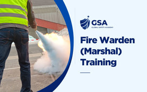 Course graphic for Fire Warden (Marshal) Training showing a safety trainee extinguishing a controlled fire outdoors.