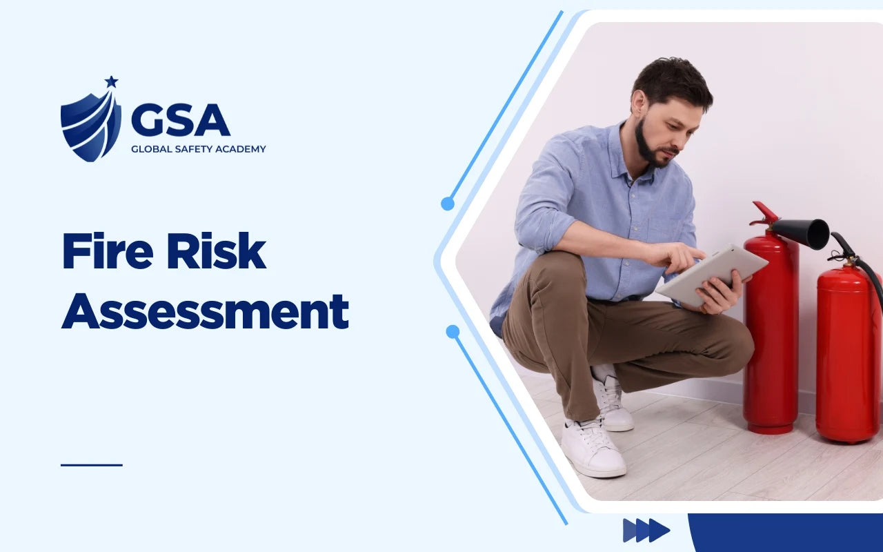 Fire Risk Assessment course banner by Global Safety Academy featuring a inspector using a tablet beside fire extinguishers