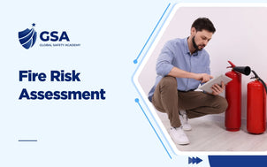 Fire Risk Assessment course banner by Global Safety Academy featuring a inspector using a tablet beside fire extinguishers