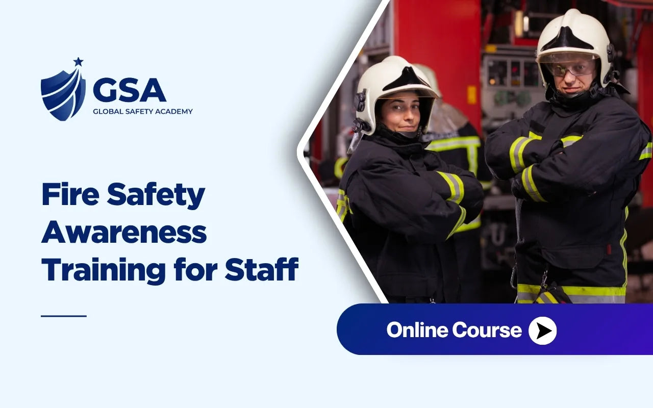Fire Safety Awareness Training for Staff course featuring firefighters in protective gear demonstrating workplace fire safety and emergency preparedness.