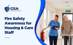 Fire Safety Awareness for Housing and Care Staff training course featuring a care worker showing a fire extinguisher to an elderly resident using a walking frame near an emergency exit