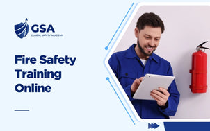 Fire Safety Training Online course banner by Global Safety Academy showing a technician in blue workwear using a tablet next to a fire extinguisher