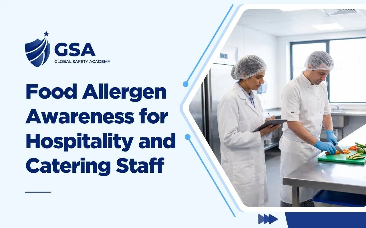 Food Allergen Awareness for Hospitality and Catering Staff training course featuring a person taking notes on a tablet while a chef prepares food in a commercial kitchen
