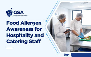 Food Allergen Awareness for Hospitality and Catering Staff training course featuring a person taking notes on a tablet while a chef prepares food in a commercial kitchen
