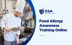 Food Allergy Awareness Training Online course banner by Global Safety Academy featuring a chef writing on a checklist in a kitchen