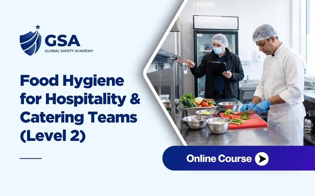 Food Hygiene for Hospitality and Catering Teams Level 2 online course featuring a chef chopping vegetables on a red cutting board while an inspector holding a clipboard looks on in a commercial kitchen