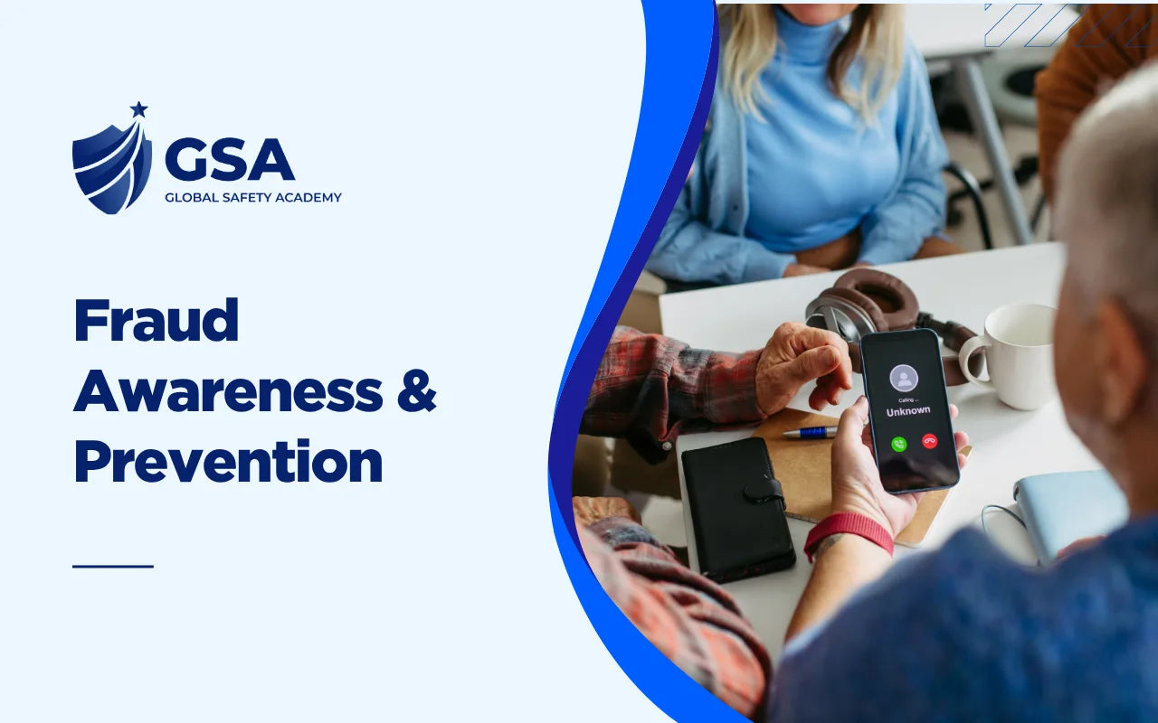 Fraud Awareness & Prevention banner featuring a person holding a phone with an unknown caller notification.