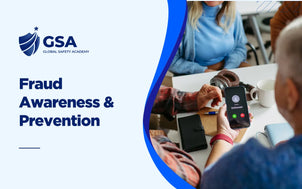 Fraud Awareness & Prevention banner featuring a person holding a phone with an unknown caller notification.