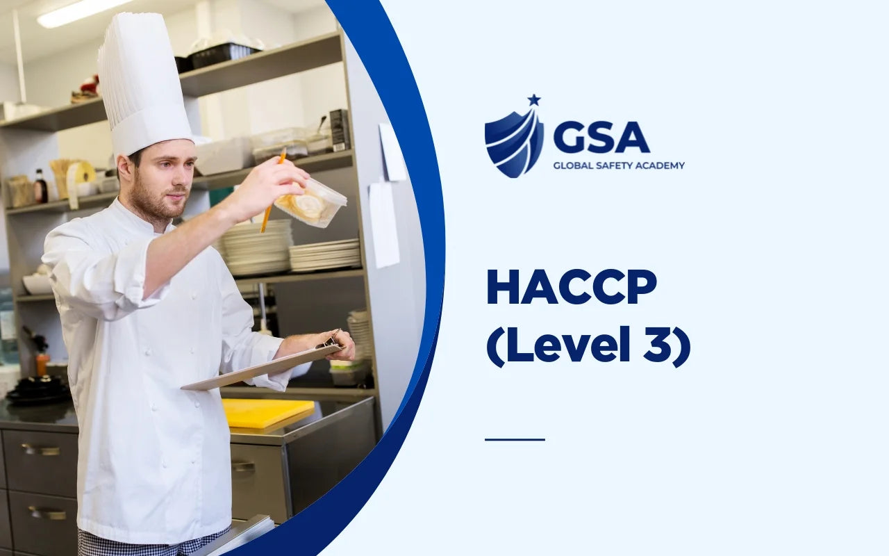 HACCP Level 3 course banner by Global Safety Academy showing a chef inspecting food container label on a clipboard