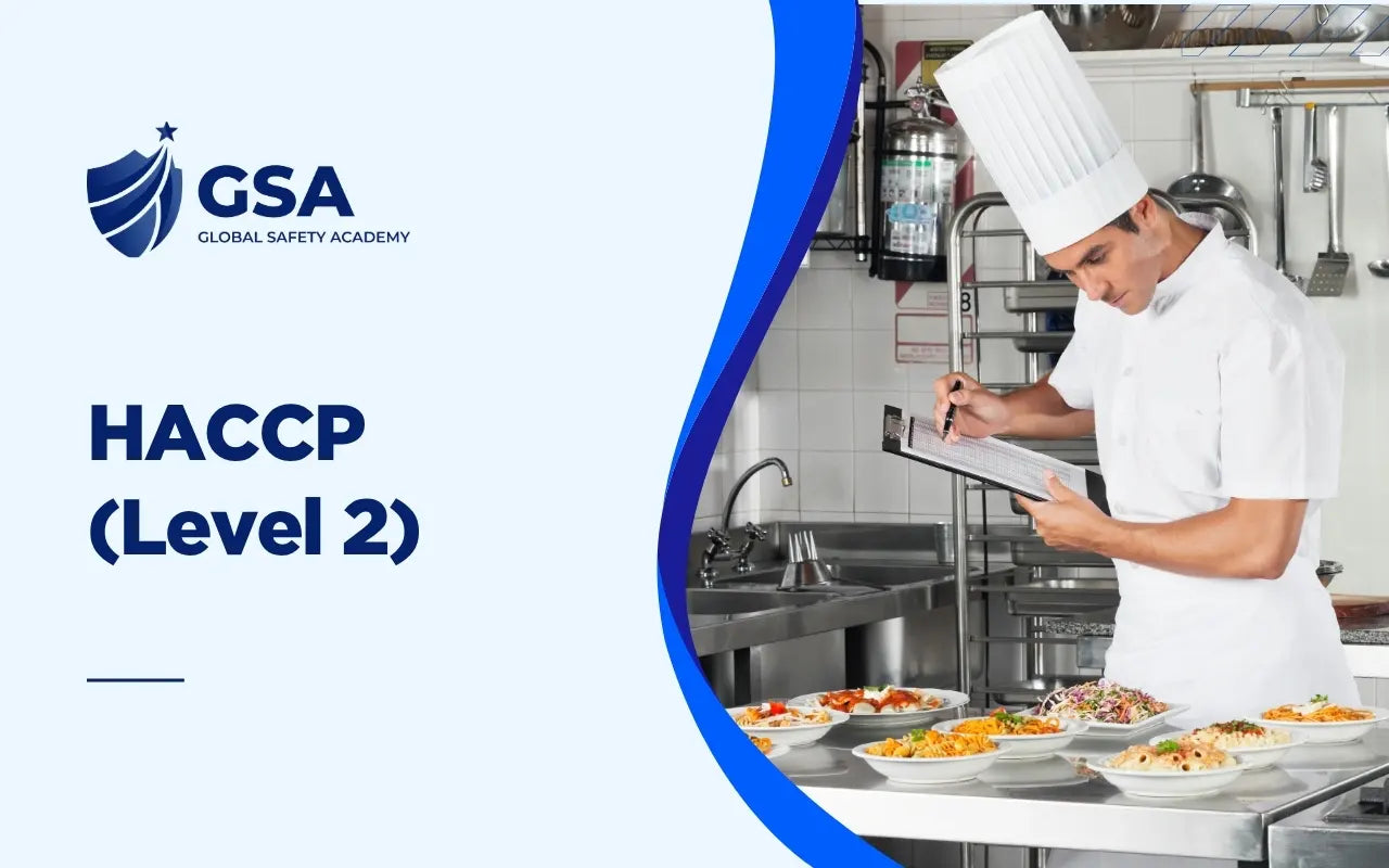 HACCP Level 2 course banner by Global Safety Academy showing a chef inspecting food safety on a clipboard