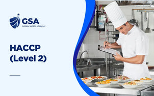 HACCP Level 2 course banner by Global Safety Academy showing a chef inspecting food safety on a clipboard