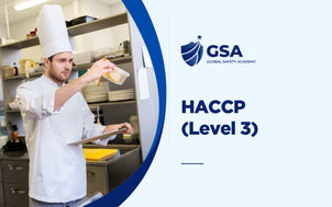 HACCP Level 3 course banner by Global Safety Academy showing a chef inspecting food container label on a clipboard