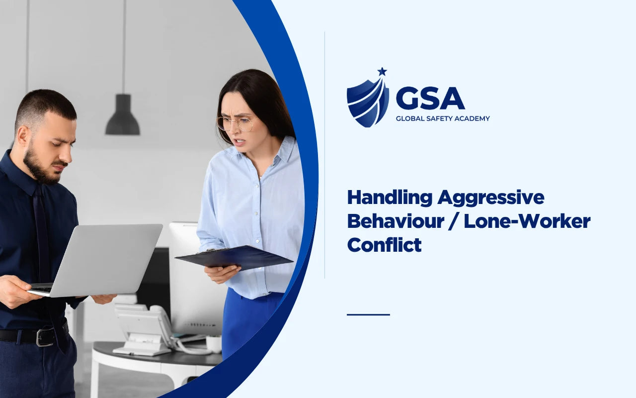 Handling Aggressive Behaviour course banner showing workplace conflict between two colleagues in an office.