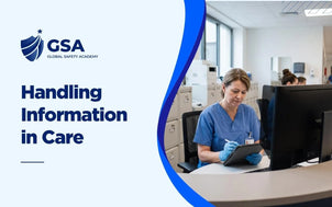 Handling Information in Care training with a healthcare worker using a tablet at a desk