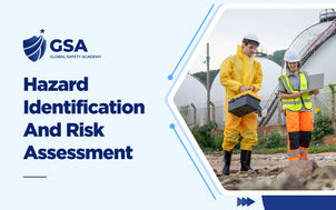 Hazard Identification And Risk Assessment course banner by Global Safety Academy featuring safety inspectors at an industrial site