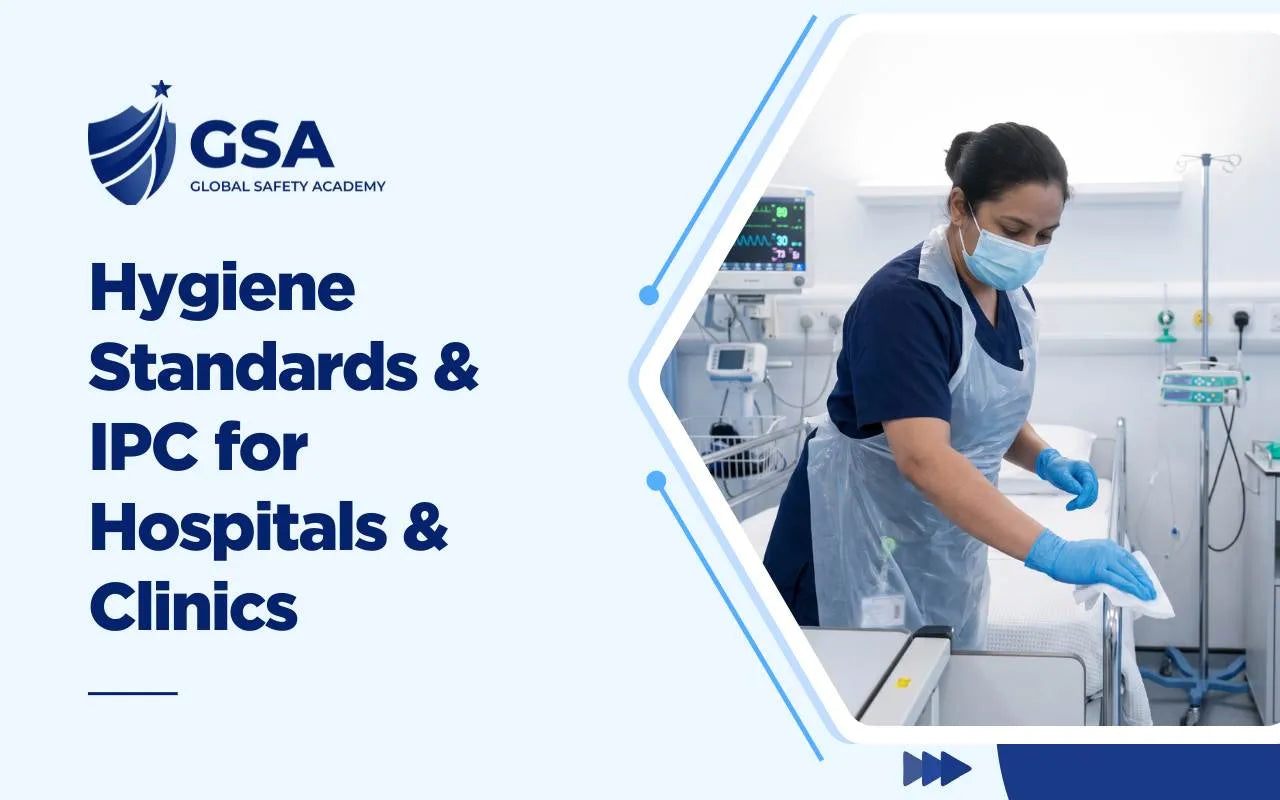 Hygiene Standards and IPC for Hospitals and Clinics training with a healthcare worker wearing a face mask, apron, and gloves while sanitizing a medical bed frame in a clinic room