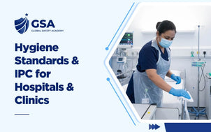 Hygiene Standards and IPC for Hospitals and Clinics training with a healthcare worker wearing a face mask, apron, and gloves while sanitizing a medical bed frame in a clinic room
