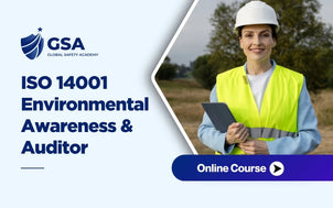 ISO 14001 Environmental Awareness & Auditor online course graphic showing a female inspector in safety gear with a tablet.