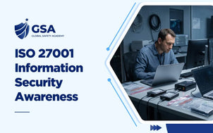 ISO 27001 Information Security Awareness training with an IT professional working on a laptop and multiple monitors in a technical server or office environment