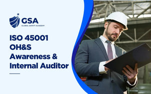 ISO 45001 OH&S Awareness & Internal Auditor online course graphic showing a professional conducting a workplace safety audit.