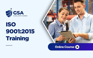 ISO 9001:2015 Training online course banner by Global Safety Academy featuring two professionals reviewing a tablet